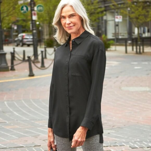 ATHLETA Washable Silk Button Front Tunic Shirt, Black S - Picture 1 of 10